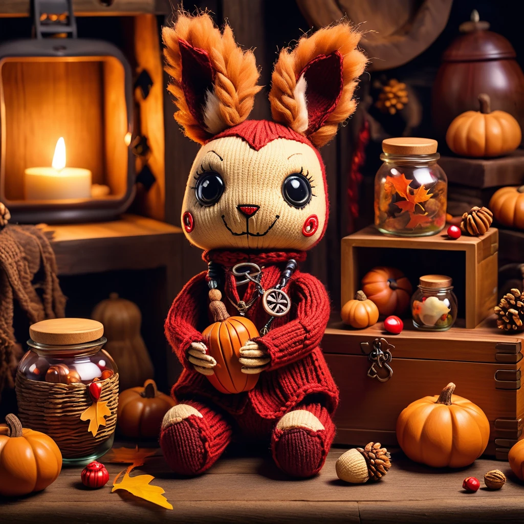 (knitted toy voodoo doll:1.7), (Voodoo Squirrel Storing Supplies:1.3), (Clothing: cozy autumn outfit with magical acorn patterns:1.0), (Accessories: enchanted acorn basket, glowing storage jars, mystical wooden chest:1.2), (background: rustic storage room with floating, glowing acorns and soft rustling sounds:1.2), best quality, masterpiece, detailed soft oil painting, detailed background, dramatic cinematic lighting, soft edge lighting, professional, dramatic lighting, hard edge lighting, ultra quality, 4k, masterpiece, best quality, 8k, ultra high definition, high resolution, extremely detailed
