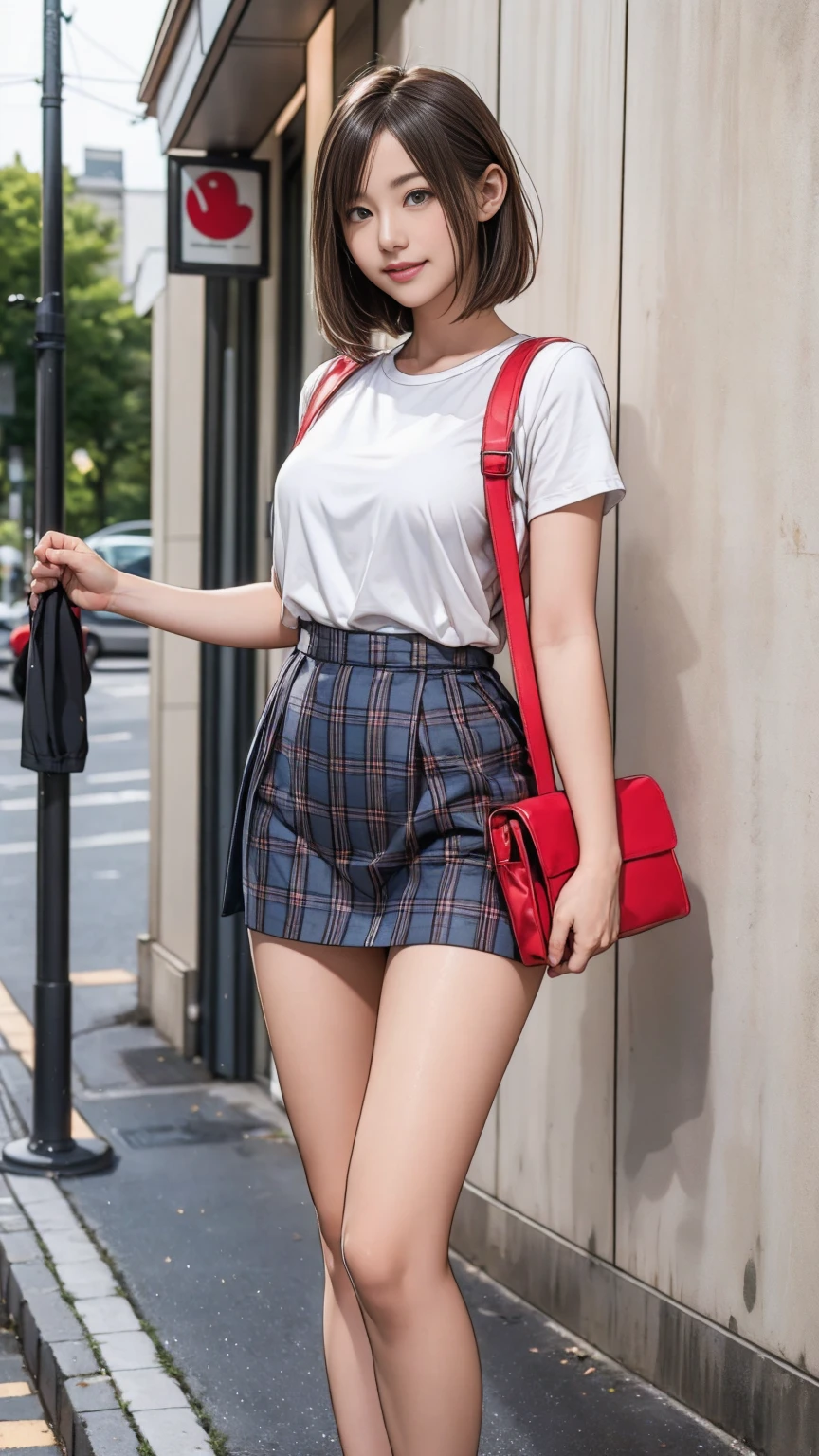 ((masterpiece)),(((Highest quality))),Thin thighs,Long legs,An 18-year-old high school girl standing on the school steps,White blouse,Blue and red plaid mini skirt:1.5,The best smile,White :1.5,Shortt blonde:1.5,short siwave,Carrying a black backpack,Wearing sneakers:1.5,Lift one leg to show off your panties:1.5,