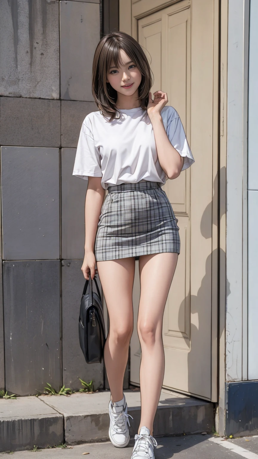 ((masterpiece)),(((Highest quality))),Thin thighs,Long legs,An 18-year-old high school girl standing on the school steps,White blouse,Blue and red plaid mini skirt:1.5,The best smile,White panties:1.5,Short-cut blonde:1.5,short side wave,Carrying a black backpack,Wearing sneakers:1.5,Lift one leg to show off your panties:1.5,
