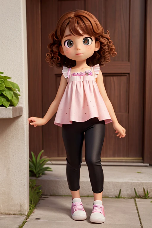 a photo of dodora carinss, a 7 year old girl, white with freckles, with shoulder-length brown curly hair, brown eyes, pink blouse, black pants, white sneakers, looking at the camera