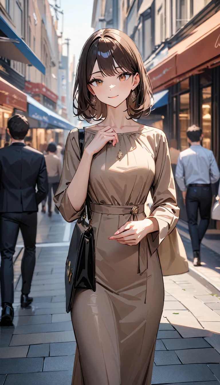 (upper body), masterpiece , modern, Verism, masterpiece, super detail, best quality, 4K ,  a woman, dark brown hair,  （Dress appropriately for a date）, mature female, light smile , carrying a designer bag in her hand, strolling through city
