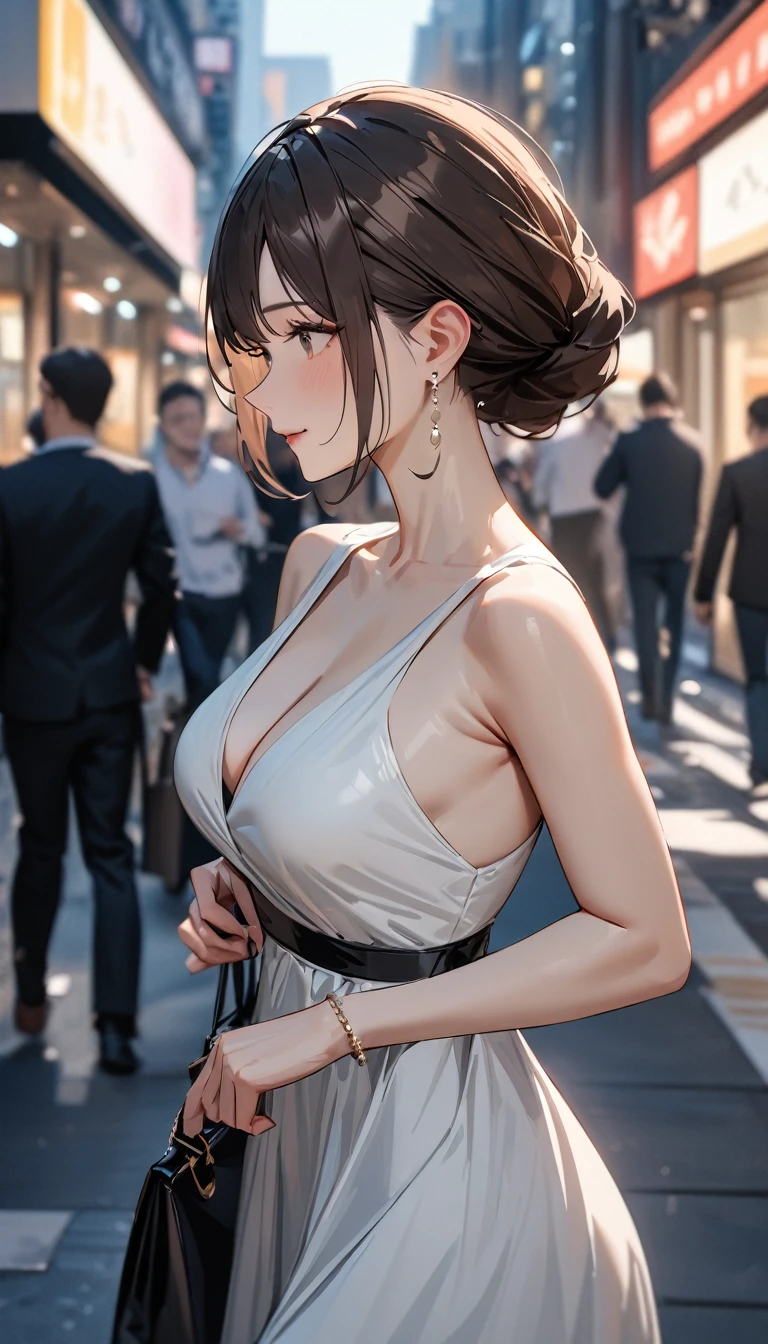 (upper body), masterpiece , modern, Verism, masterpiece, super detail, best quality, 4K ,  a woman, dark brown hair,  （Dress appropriately for a date）, mature female, light smile , carrying a designer bag in her hand, strolling through city
