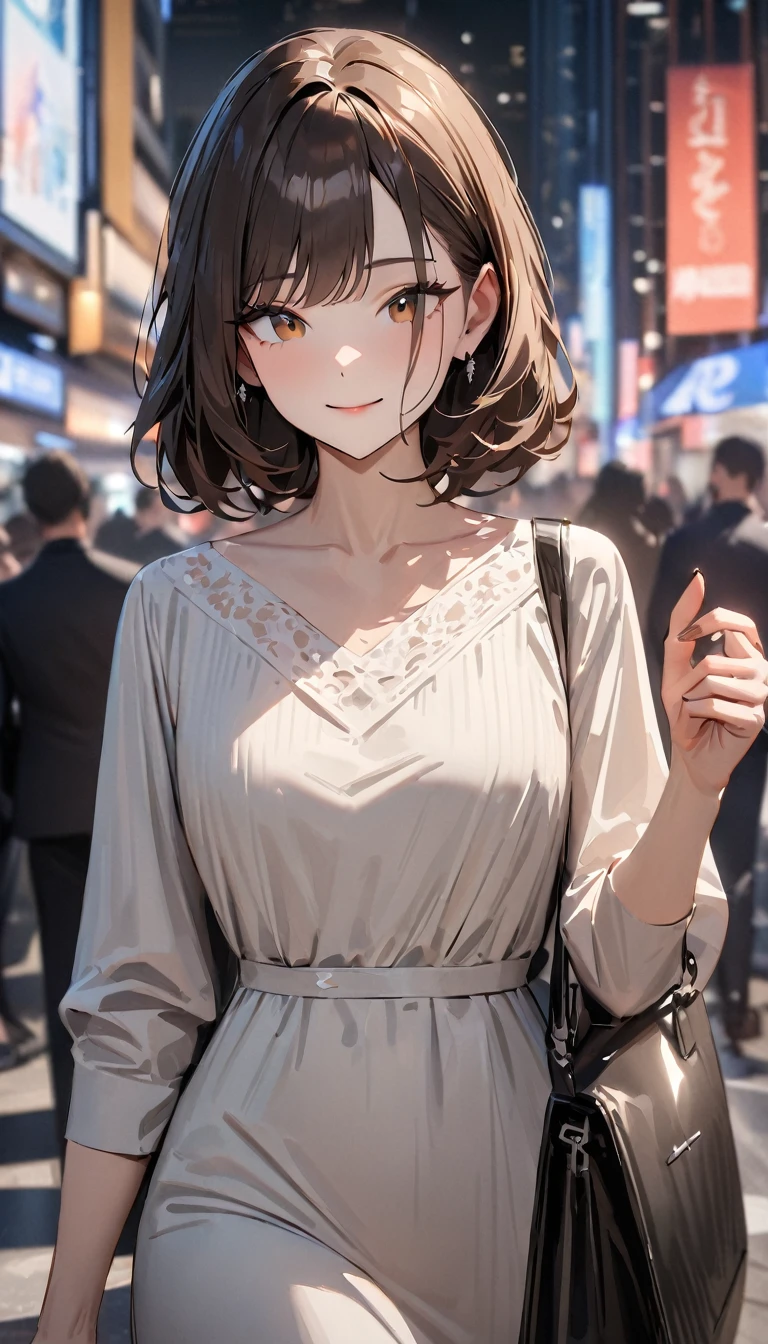 (upper body), masterpiece , modern, Verism, masterpiece, super detail, best quality, 4K , a woman, dark brown hair, (Dress appropriately for a date), mature female, light smile , carrying a designer bag in her hand, strolling through city