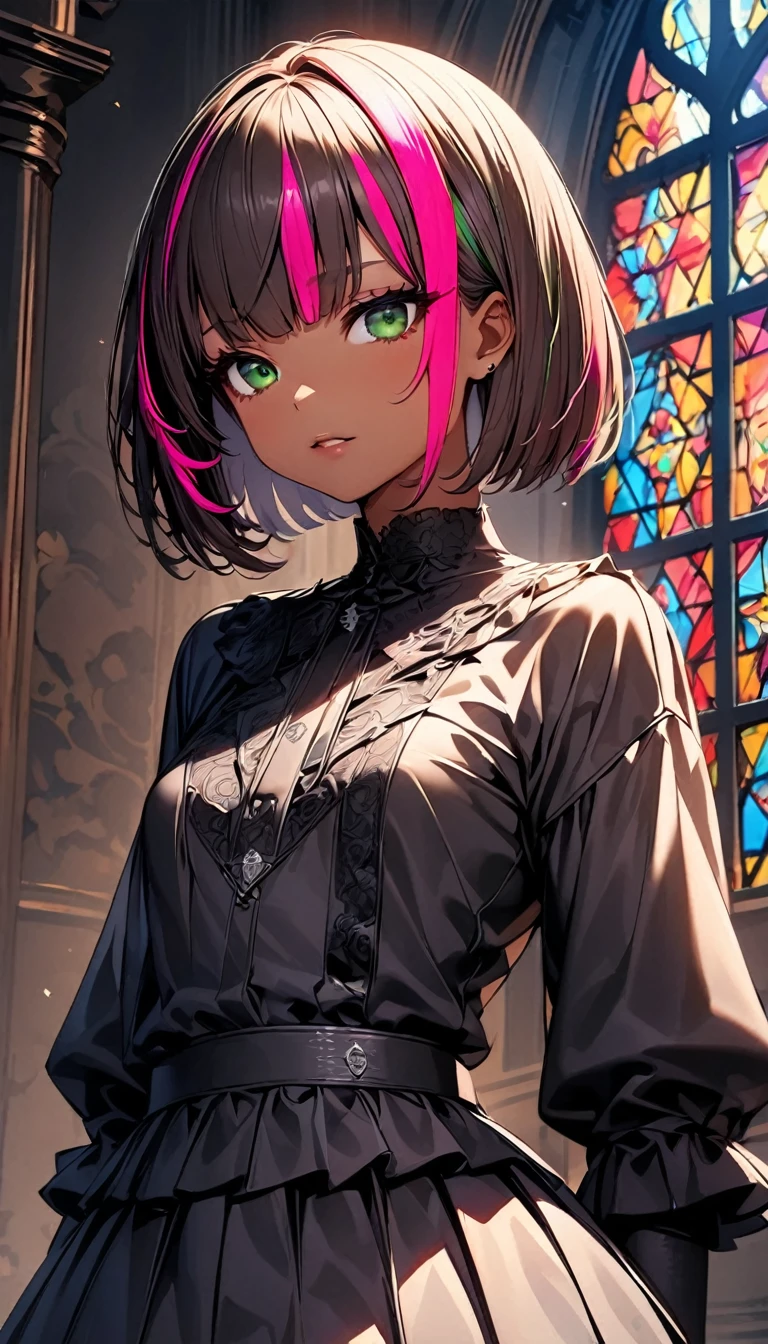 (highest quality:1.2, Very detailed, up to date, Vibrant, Ultra-high resolution, High Contrast, masterpiece:1.2, highest quality, Best aesthetics), Portraiture、girl、solo, (25-years-old:1), slim, , heterrochromia, green eye, red eye, ((gothic ta:1.3)), intricate black lace dress, (in charch), (Stained glass:1), Bright colors、Beautiful fine details、Beautiful lip detail、extra short hair, ((bob cut:1.5))、pink and purple, ((streaked hair:1.9)), (highlights hair: 1.6), (small breast:1.3), (tan skin:0.7), cowboy shot:1,