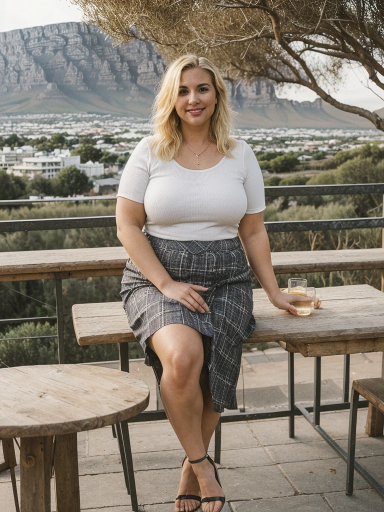 Xyrele, 1girl, solo, 30 years old, (((French face))), (((French nose))), (((French lips))), ((((chubby)))), (((wide hips))), (((blonde hair))), ((crinkly medium hair)), long hair, wearing stylish palette trend modern wear and skirt, ((Background: Table Mountain - South Africa)), ((upper body and upper legs))