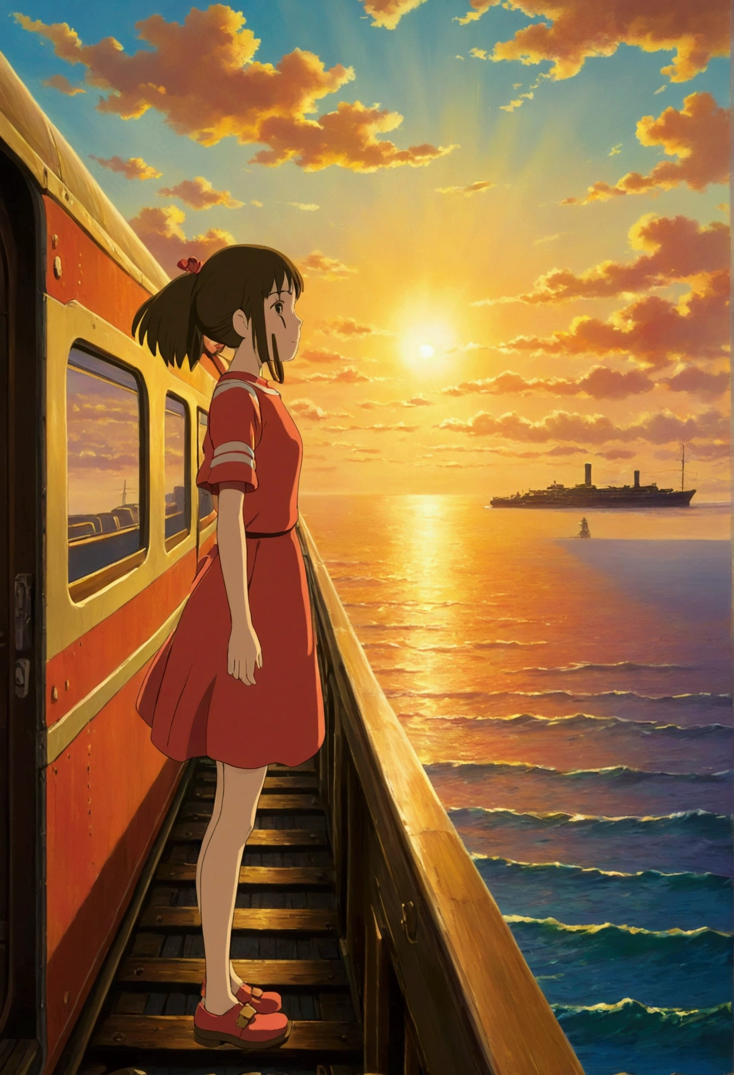 Ghibli　On the Sea　it&#39;s coming　A train running on the horizon of the sunset　Girl looking at