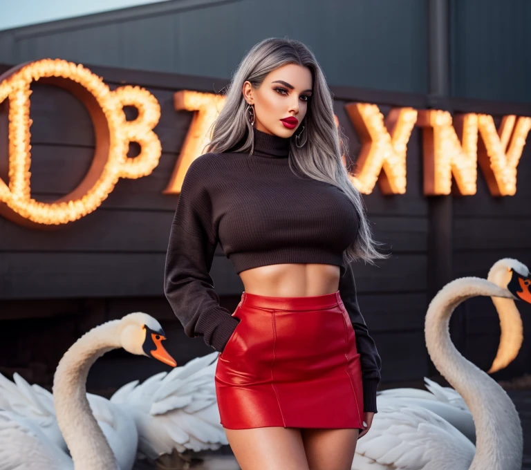 Ultra high quality,8 K,Girl with giant breasts,Sexy and feminine, tall and cold,Dark Beauty,charming,The head proportions are perfect.,gray hair,Wear a sweatshirt with a monogram print., Short red skirt with high waist,Flaming red lips,swan neck,Chokers,The sun is shining brightly