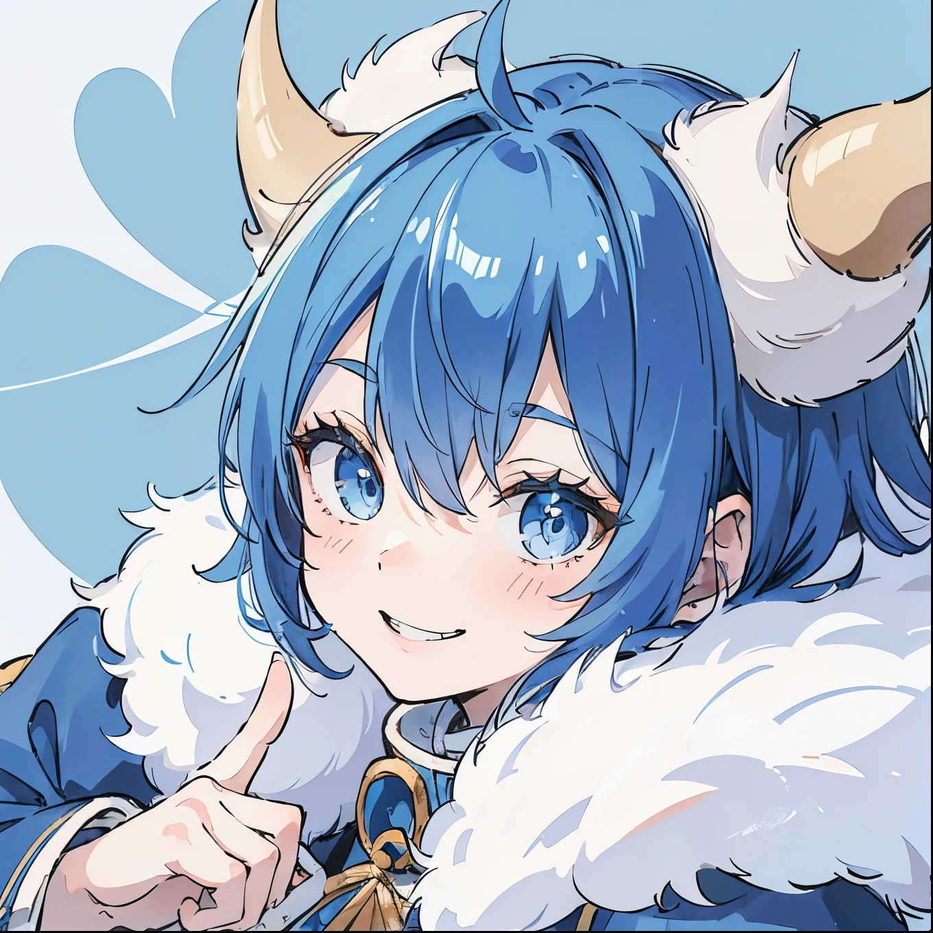 , blue hair, fluffy blue jacket with white fur, gigantic horns, white puffy fur around neck, white horns, mischievous smile, middle finger