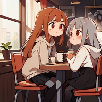 ((Two women in a cafe)),(Height when leaning on a desk: 163cm,B65:W52:h:70,(Orange eyes,Brown medium hair,smile),(Oversized off-white hoodie,Black long skirt,black tights)),(Height to sit on chair:159cm,B56:W47:h:62,(Silver long hair,bangs,Sharp red eyes,Expressionless),(Oversized off-white hoodie,Black long skirt,Grey tights))