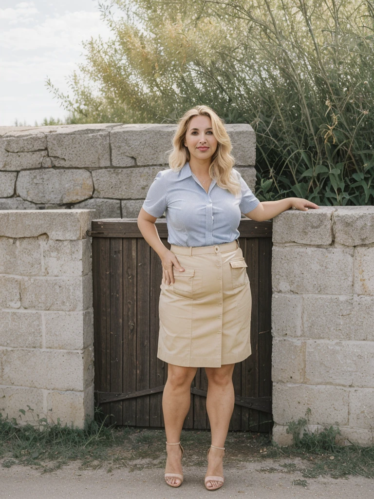 Xyrele, 1girl, solo, 30 years old, (((French face))), (((French nose))), (((French lips))), ((((chubby)))), (((wide hips))), (((blonde hair))), ((crinkly medium hair)), long hair, wearing stylish palette trend modern wear and skirt, ((Background: Canadian Prairies in Canada)), ((upper body and upper legs))
