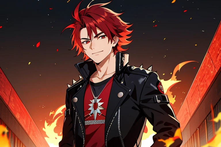 (high-quality, breathtaking),(expressive eyes, perfect face) 1boy, male, solo,  adult, red hair, fire red eyes, soft wavy hair, short hair length, soft smile, spiky hair, fluffy hair, spiked up hair, black and red jacket, punk jacket, stylized clothing, red shirt, confident smile, age 1row eyes, mature face, black background, embers, confident smirk, villain vibe, symmetrical eyes
