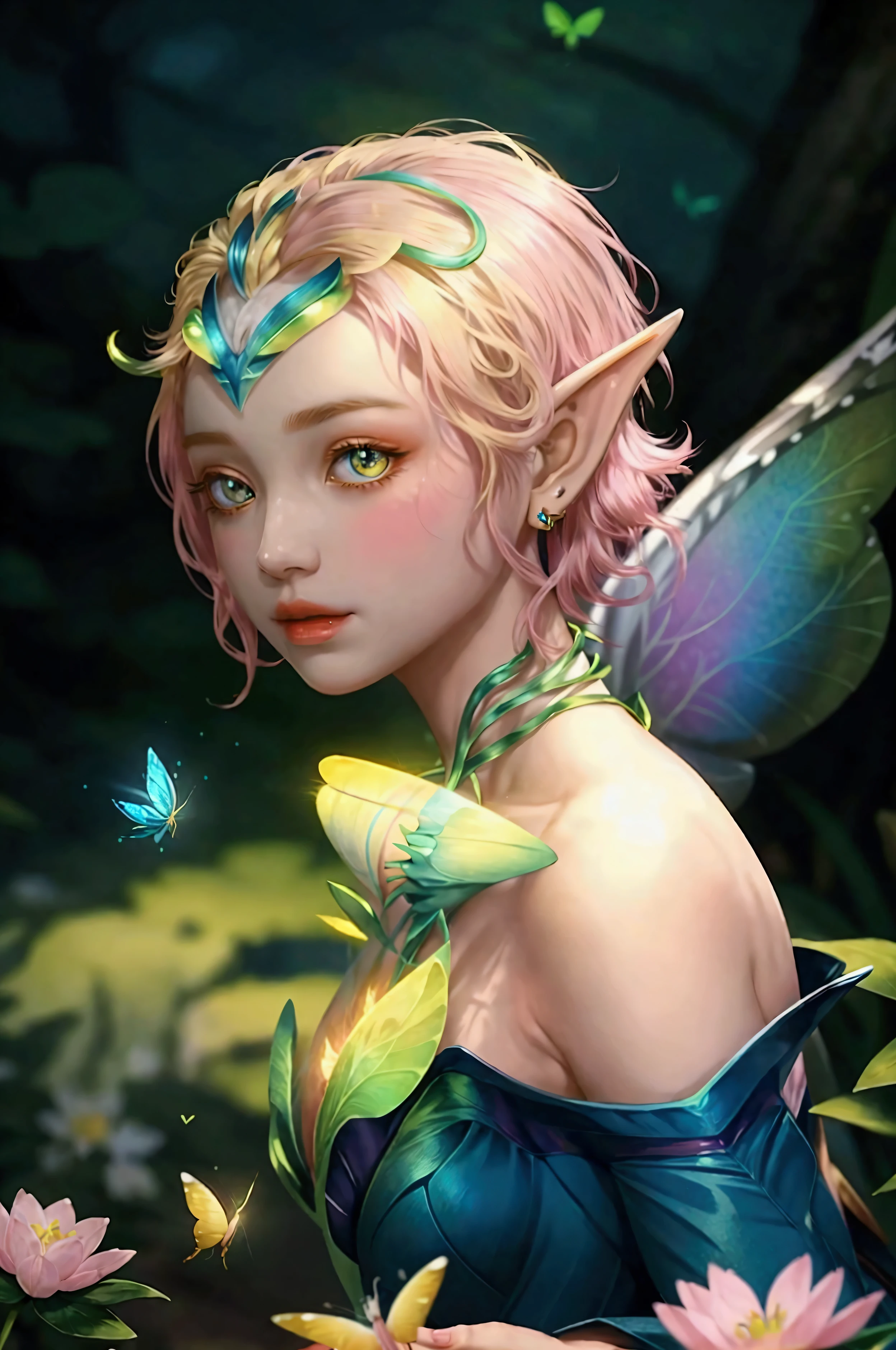 best quality,masterpiece,16k,1girl,Butterflies on the Head,Butterfly on shoulder, antennae,Butterfly in hand, blonde hair, blue butterfly, blue flower, blue wings, blurry, blurry background, blurry foreground, butterfly, butterfly hair ornament, butterfly on hand, butterfly wings, daisy, depth of field, earrings, fairy, fairy wings, flock, flower, flying, garden, glowing, glowing butterfly, glowing wings, hair ornament, ice wings, insect wings, lily \(flower\), lotus, motion blur, multicolored wings, nose, on head, on shoulder, pink flower, pink wings, pointy ears, purple flower, short hair, solo, stud earrings, upper body, vaporeon, white butterfly, white flower, wings, yellow butterfly, yellow flower, yellow wings,Dawn Elf,dawn,glow,Glowing wings,Dress,Multiple butterflies,Glowing Butterfly