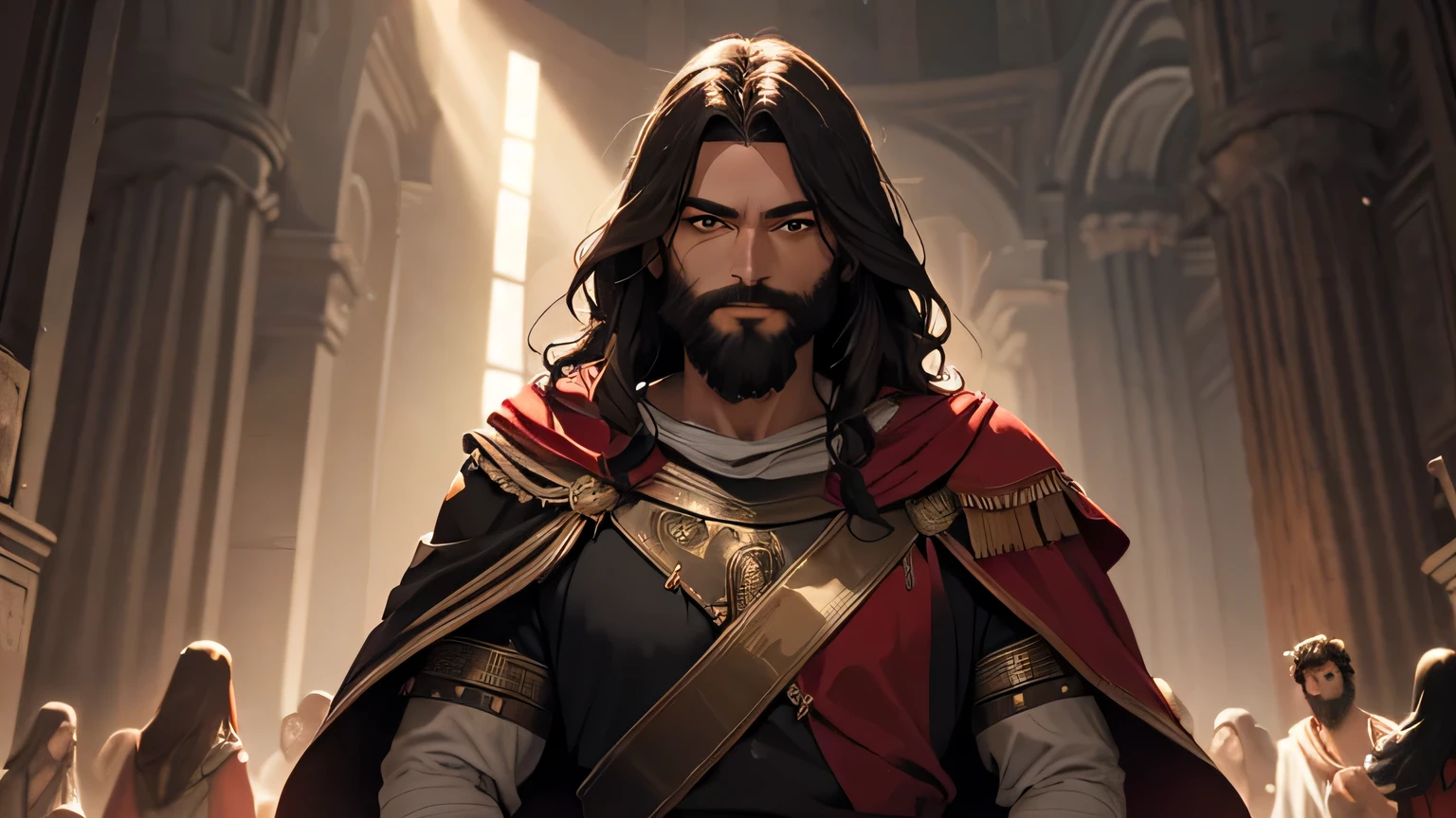 At night, highly detailed photorealistic portrait of Jesus with red cape, black beard, light brown eyes, smiling, dressed in ancient Roman warrior clothing from the 4th century BC. C., standing, in absolute darkness, while rays of light come out of his hand, spectacular, cinema, digital art. hyperrealistic, 8k