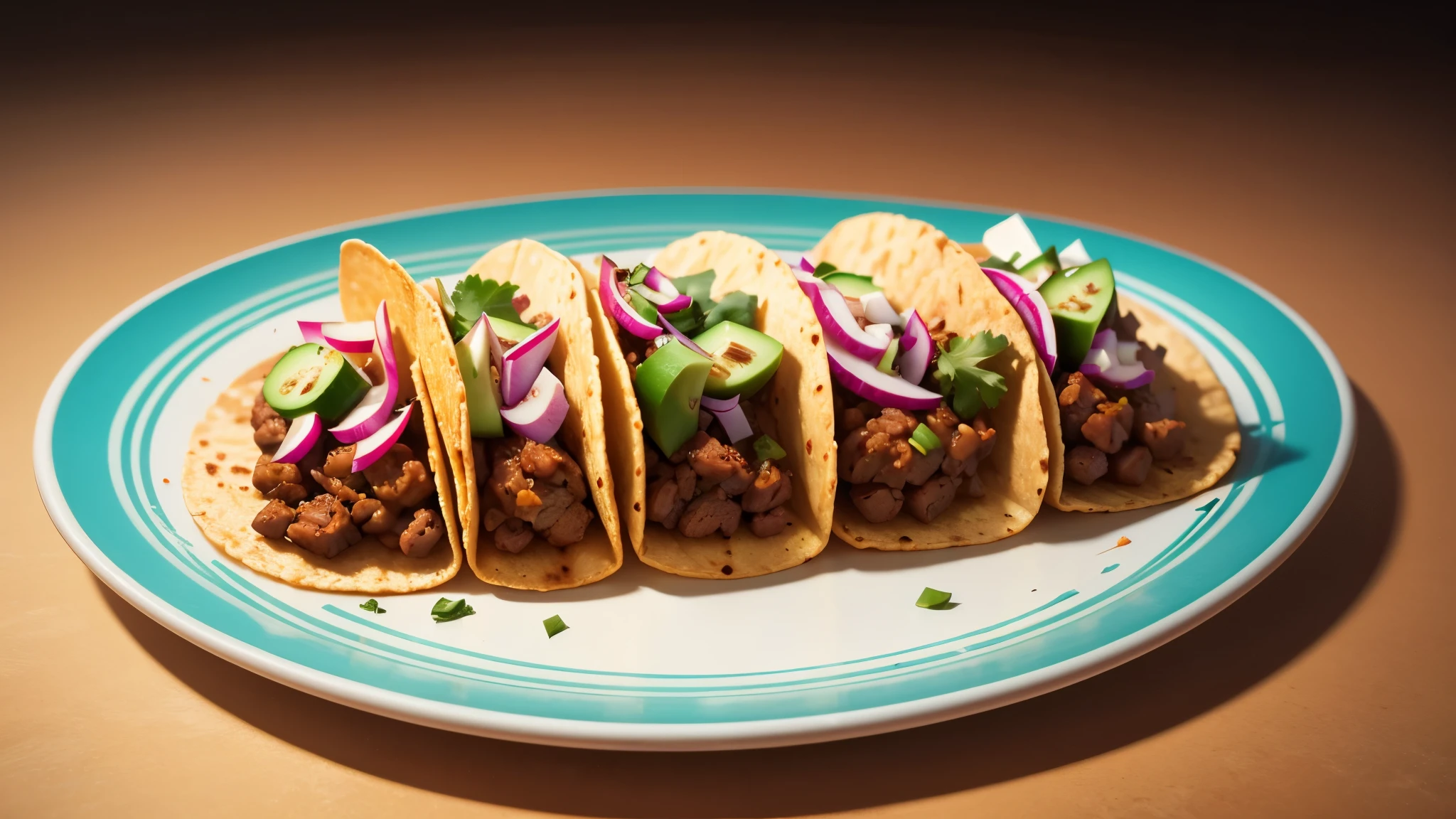 A realistic Mexican, tacos, in plate, for advertisement, plain gradient background, with copy space, detailed tacos, 8k, food photography,