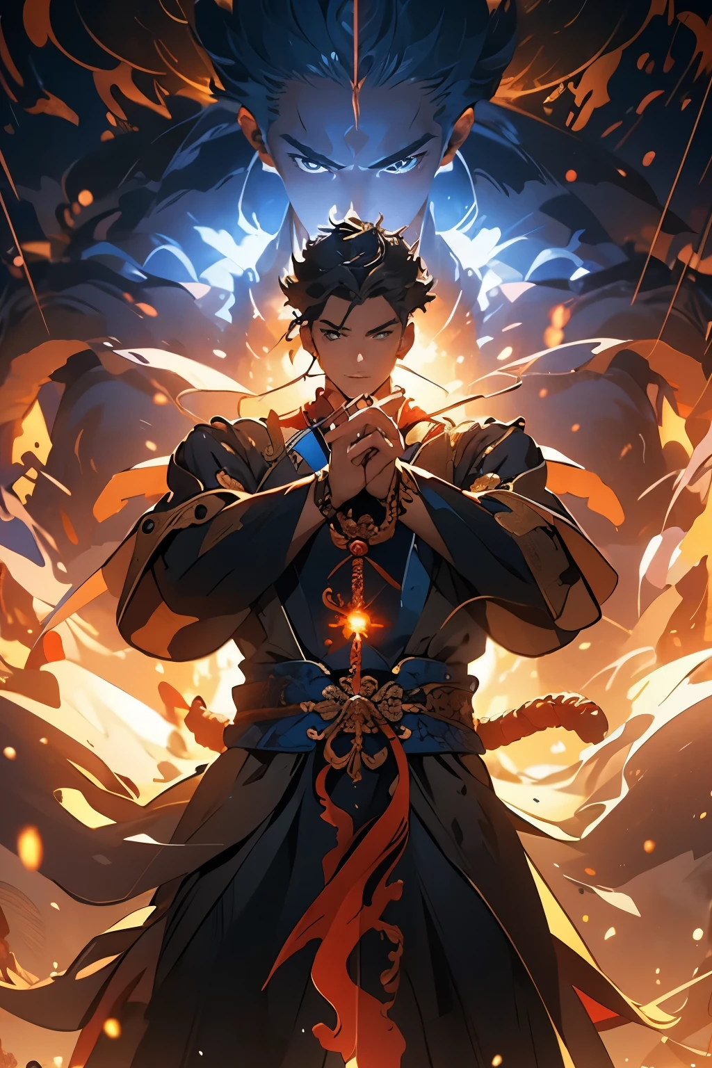 High resolution, High resolution, 8k, Man in all blue。Big flames on the back，In his right hand he holds a sword pointed upwards.，In his left hand he holds a large rope。The background is a large flame。Masterpiece 2:1,Ashura in Chinese mythology,  Attractive male god, Intimidating and commanding appearance