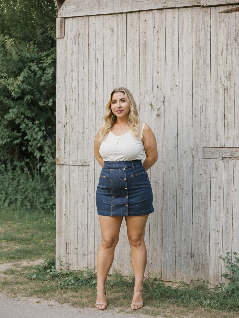 Xyrele, 1girl, solo, 30 years old, (((French face))), (((French nose))), (((French lips))), ((((chubby)))), (((wide hips))), (((blonde hair))), ((crinkly medium hair)), long hair, wearing stylish palette trend modern wear and skirt, ((Background: Canadian Prairies in Canada)), ((upper body and upper legs))
