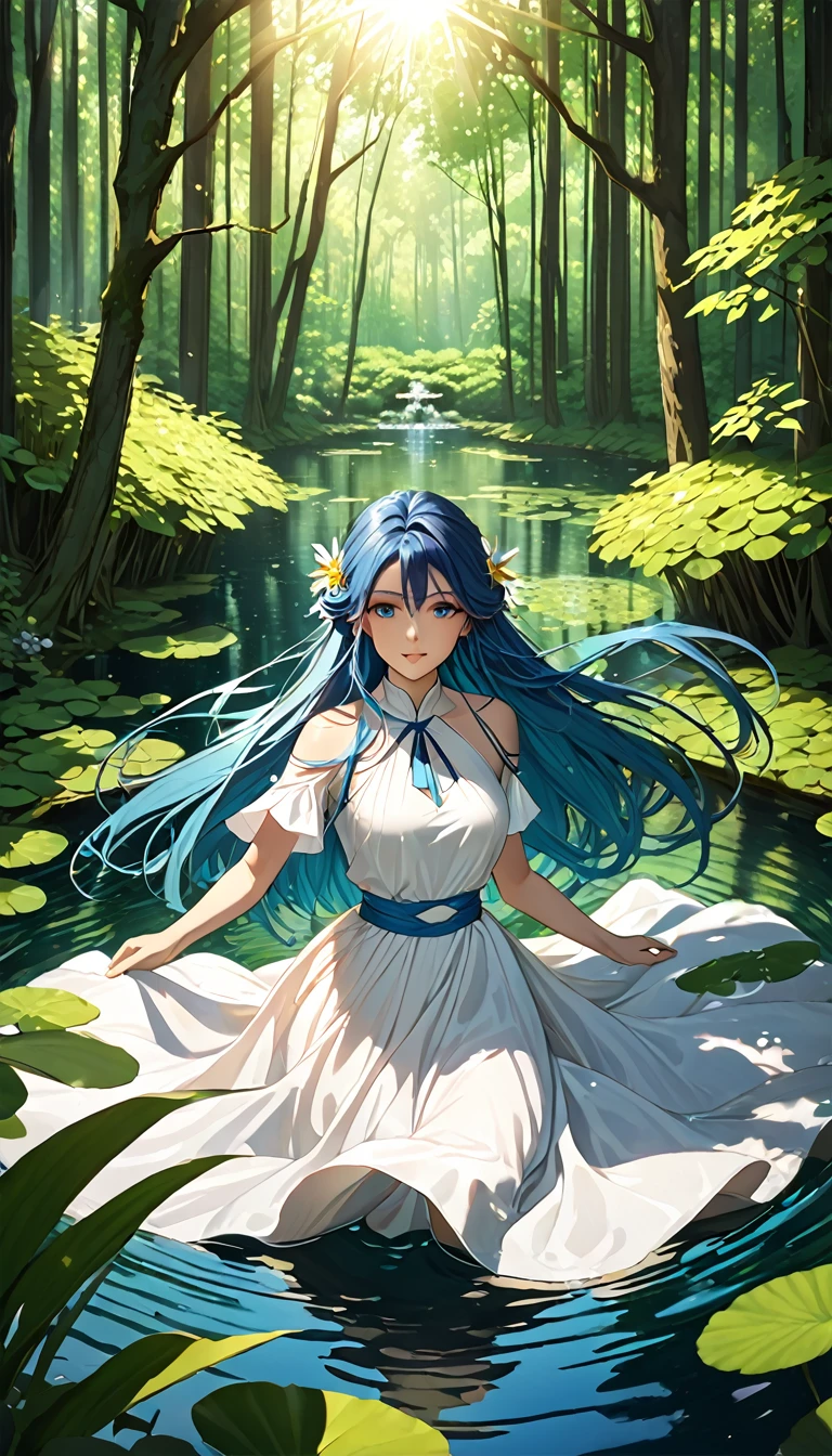 The goddess of the pond, adult woman, blue hair, long hair that reaches down to her waist, Scene of rising from the pond, Floating on the big pond, Sunlight filtering through the trees in the forest, white dress, Reaching out