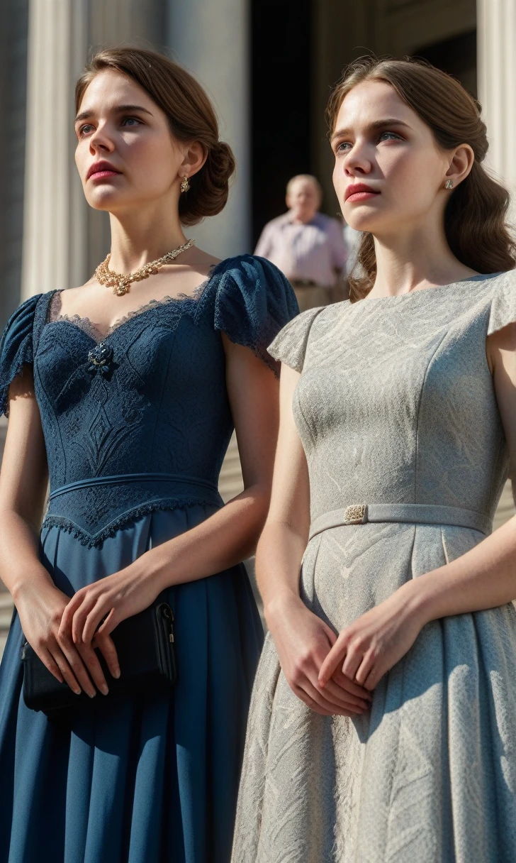 a young woman and an elder woman standing together on courthouse steps, hopeful expressions, detailed faces, beautiful detailed eyes, beautiful detailed lips, detailed hands, long dresses, formal attire, ornate architecture, sunlight, dramatic lighting, cinematic composition, muted color palette, (best quality,4k,8k,highres,masterpiece:1.2),ultra-detailed,(realistic,photorealistic,photo-realistic:1.37),cinematic,dramatic,emotional,inspirational