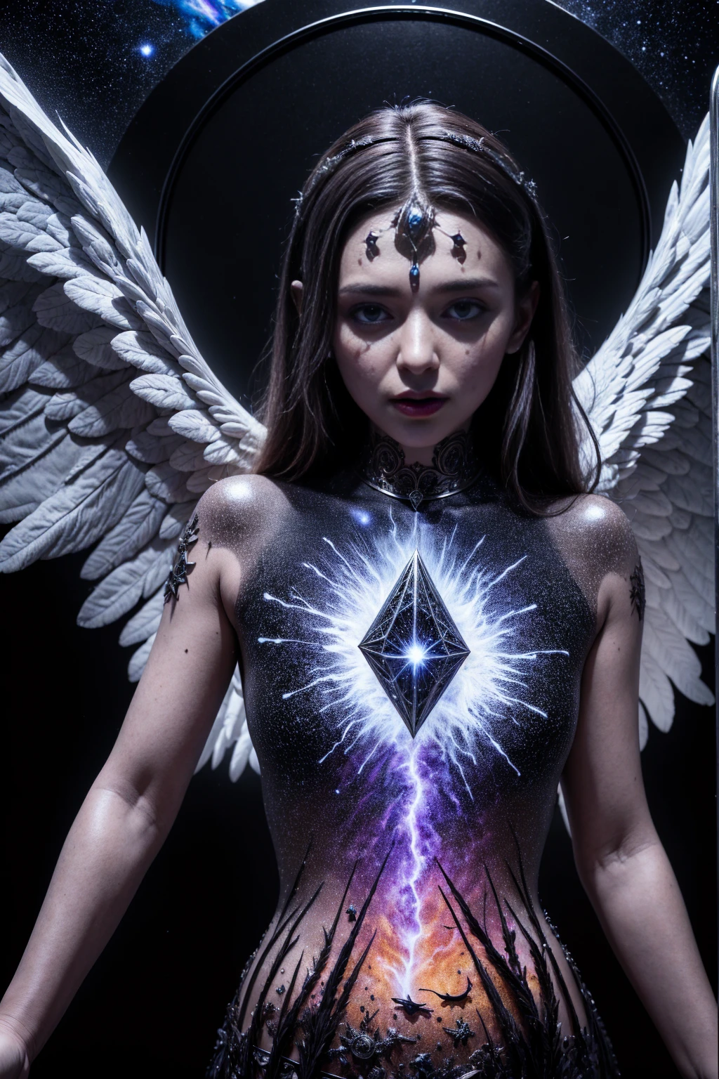 (Masterpiece), (Best Quality: 1.4), absurdities, [:intricate details:0.2],witch, angel wings, milky way, sky, bright aura, intense focus, crackling energy, mysterious symbols, bright specks,Paticulas,many details