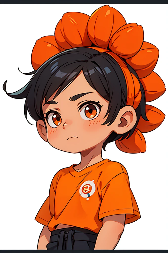 20 year old latino boy, short black hair, content, male face, garato, basic orange shirt, white background, portrait photo, chibi,