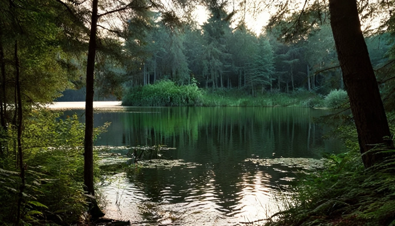 forest, lake, late afternoon, getting dark, tense atmosphere