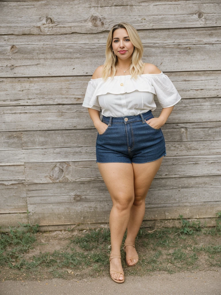 Xyrele, 1girl, solo, 30 years old, (((French face))), (((French nose))), (((French lips))), ((((chubby)))), (((wide hips))), (((blonde hair))), ((crinkly medium hair)), long hair, wearing stylish palette trend off shoulder modern wear and shorts, ((Background: Canadian Prairies - Canada)), ((upper body and upper legs))