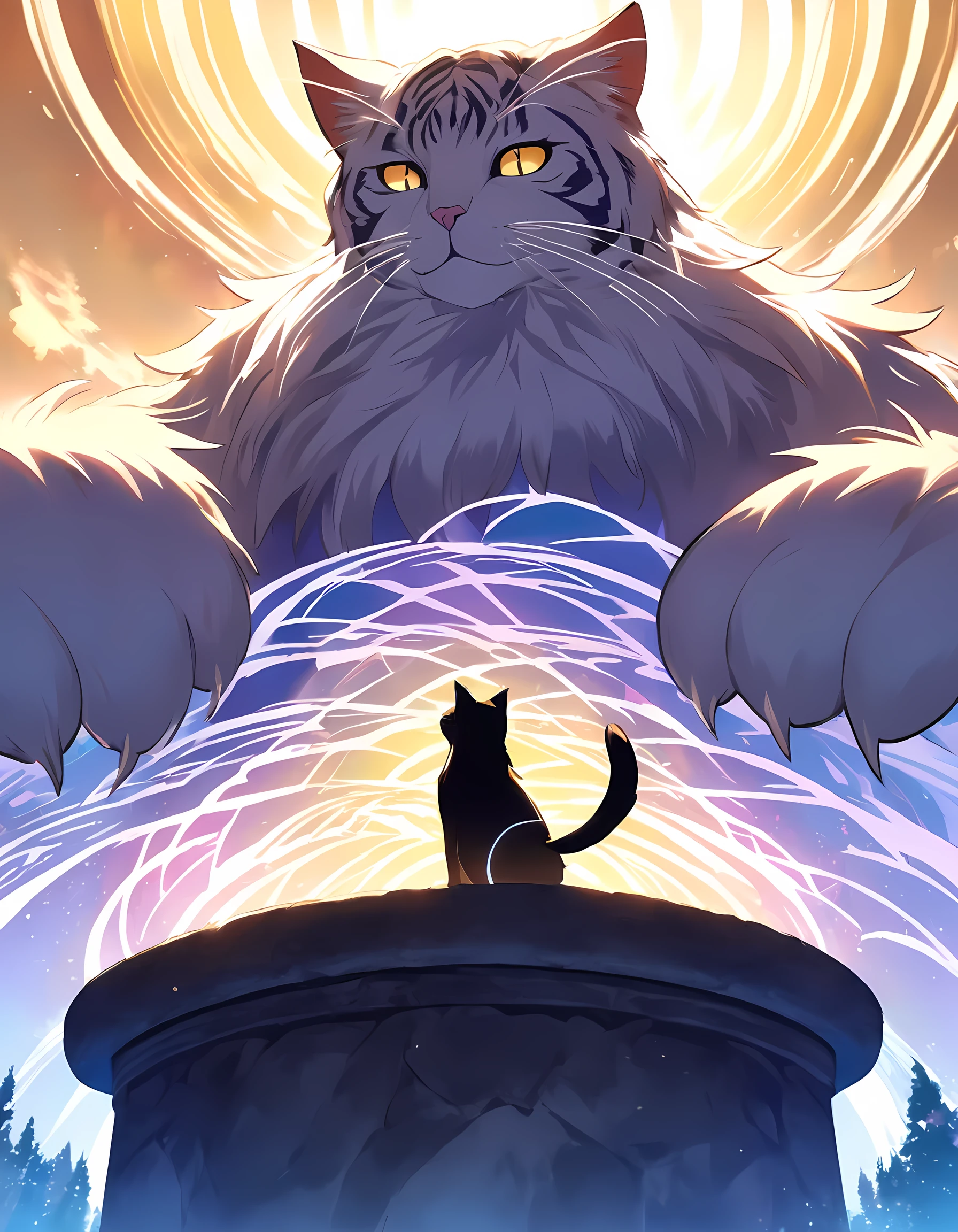 A majestic giant cat sits regally on a worn stone pedestal, its massive paws splayed wide as it surveys its domain. Soft golden light falls upon its fur, illuminating the intricate swirling patterns of its coat. The camera frames the cat's face in a low-angle shot, emphasizing its imposing presence, while the background is blurred to emphasize its enormity.
