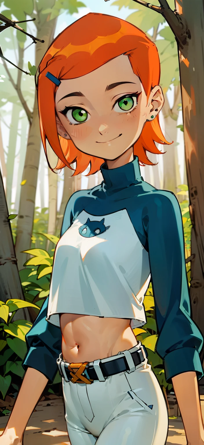 (Masterpiece), Best Quality, ultra-detailed, 1girl (Gwendolyn_Tennyson, breasts, orange hair, short hair, green eyes), a charming face, smile, looking at viewer, solo, long sleeves, navel, belt, white pants, forest, walk, charming walking,