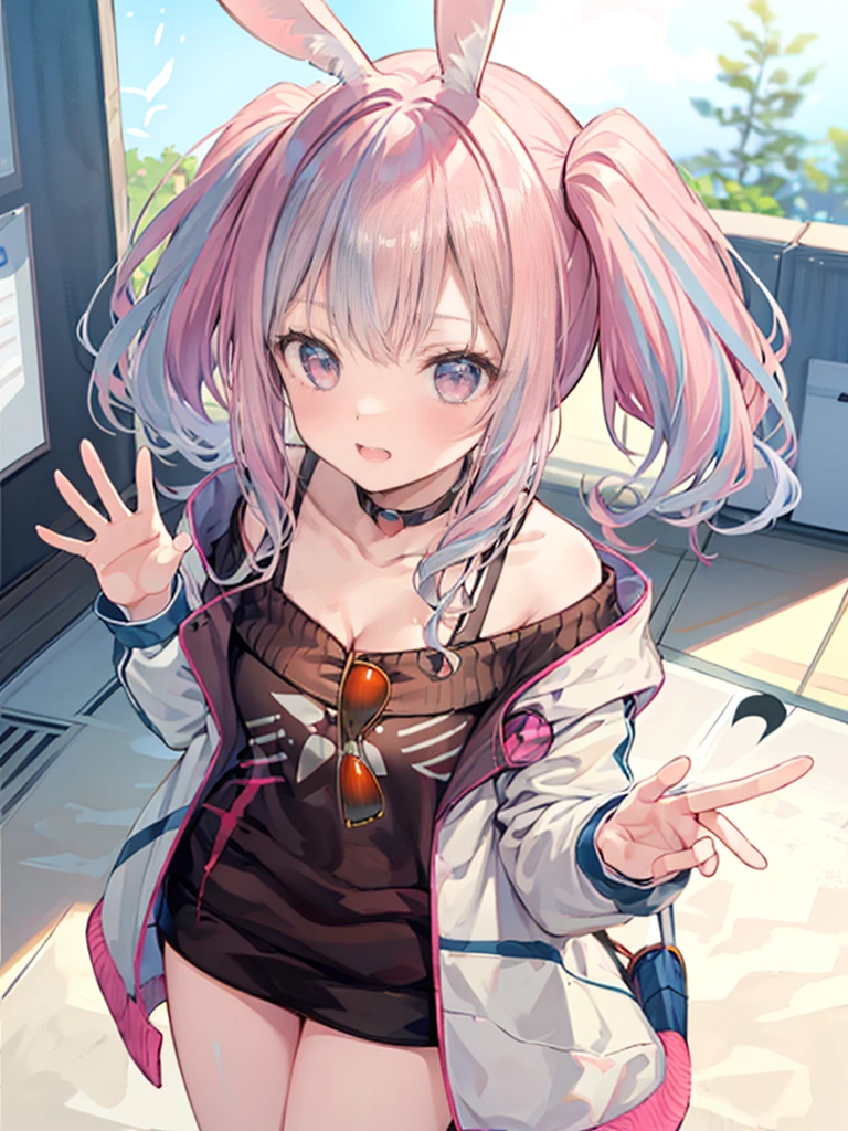 silver hair, hair behind ear, hair two side up, rabbit ears, shy, ray tracing, masterpiece, accurate, textured skin, high quality, high details, best quality, super detail, Japanese high school girl, casual clothes, holiday walk, waving, Heart symbols, from above