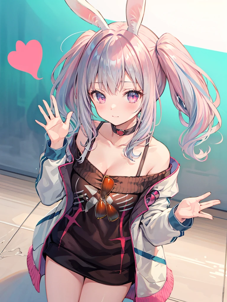 silver hair, hair behind ear, hair two side up, rabbit ears, shy, ray tracing, masterpiece, accurate, textured skin, high quality, high details, best quality, super detail, Japanese high school girl, casual clothes, holiday walk, waving, Heart symbols, from above