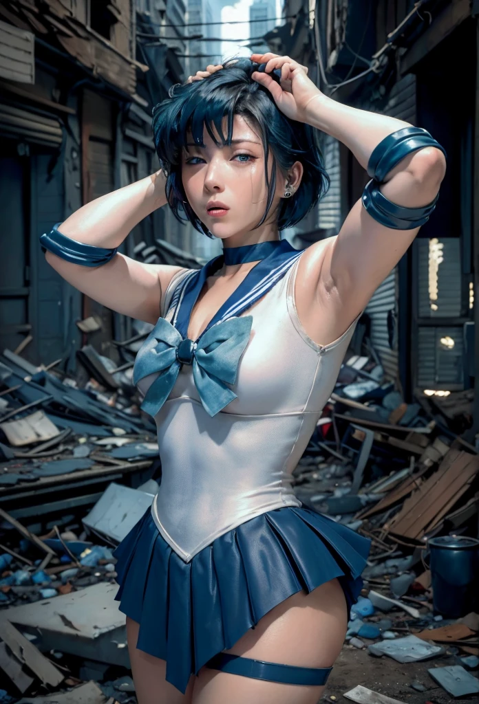 suffer,Close ~ eyes,Open your mouth,Flushing,masterpiece, Highest quality, High resolution, Venus 1, One girl, alone, Sailor Warrior Uniform, Sailor Mercury, Mizuno Ami, Blue Hair, Magical girl, blue eyes, Blue Skirt, Elbow hand pockets, tiara, Pleated skirt, Hair Ribbon, Blue Sailor Collar, mini skirt, choker, blue choker, White gloves, Short Hair,  jewelry,  Earrings, Cowboy Shot,More detailed 8K.Unreal Engine:1.4,超High resolution,La Highest quality:1.4, Realistic:1.4, Skin Texture:1.4, masterpiece:1.8,first work, Highest quality,Object Object], (Detailed facial features:1.3),(Fine hand:1.4),(Apocalyptic destroyed cityscape:1.4)