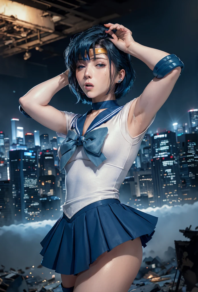 suffer,Close ~ eyes,Open your mouth,Flushing,masterpiece, Highest quality, High resolution, Venus 1, One girl, alone, Sailor Warrior Uniform, Sailor Mercury, Mizuno Ami, Blue Hair, Magical girl, blue eyes, Blue Skirt, Elbow hand pockets, tiara, Pleated skirt, Hair Ribbon, Blue Sailor Collar, mini skirt, choker, blue choker, White gloves, Short Hair,  jewelry,  Earrings, Cowboy Shot,More detailed 8K.Unreal Engine:1.4,超High resolution,La Highest quality:1.4, Realistic:1.4, Skin Texture:1.4, masterpiece:1.8,first work, Highest quality,Object Object], (Detailed facial features:1.3),(Fine hand:1.4),(Apocalyptic destroyed cityscape:1.4)