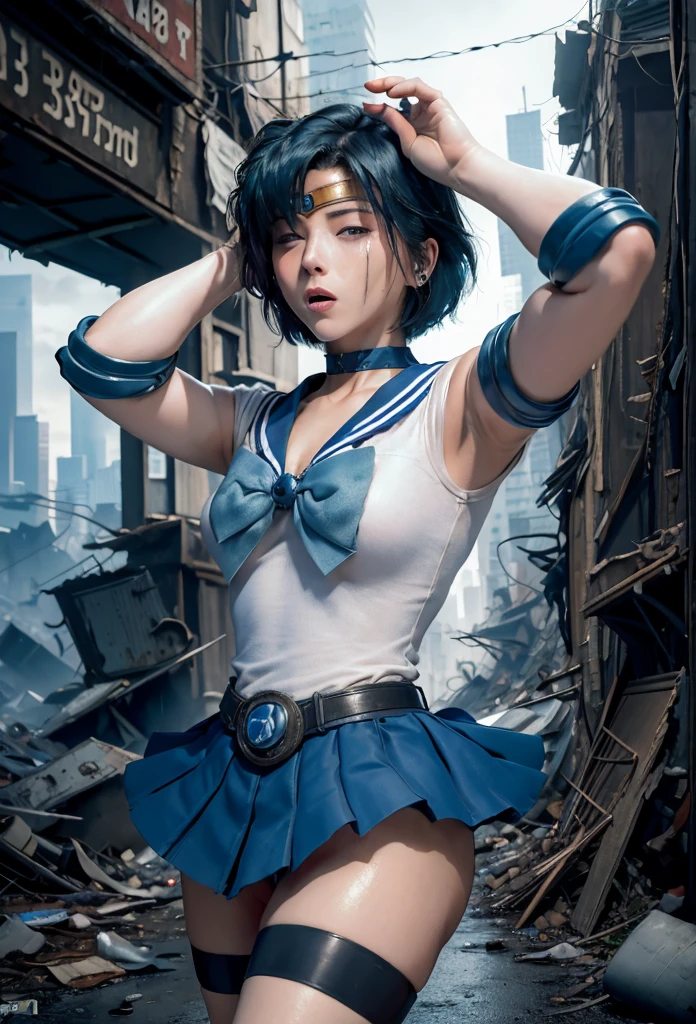 suffer,Close ~ eyes,Open your mouth,Flushing,masterpiece, Highest quality, High resolution, Venus 1, One girl, alone, Sailor Warrior Uniform, Sailor Mercury, Mizuno Ami, Blue Hair, Magical girl, blue eyes, Blue Skirt, Elbow hand pockets, tiara, Pleated skirt, Hair Ribbon, Blue Sailor Collar, mini skirt, choker, blue choker, White gloves, Short Hair,  jewelry,  Earrings, Cowboy Shot,More detailed 8K.Unreal Engine:1.4,超High resolution,La Highest quality:1.4, Realistic:1.4, Skin Texture:1.4, masterpiece:1.8,first work, Highest quality,Object Object], (Detailed facial features:1.3),(Fine hand:1.4),(Apocalyptic destroyed cityscape:1.4)