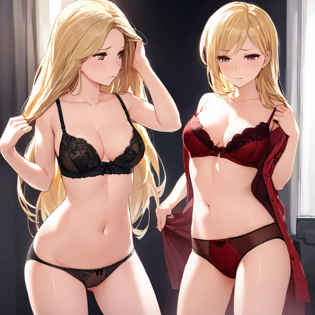 Girl, medium size breasts, with medium size bra, tight panties, big buttocks, front photo, vagina tight to visible panties, dark red clothes, pretty eyes, posing and with her left hand arranging her hair, you can see her nipples, blond hair, perfect waist and perfect body, pretty face, her right hand is pulling down her panties, sexy drawing, indole sexual, 8k, detailed, the bra is unbuttoned, one breast is completely visible, the panties are mid-thigh, you can see his intimacy, (her position is that of a woman dressing)