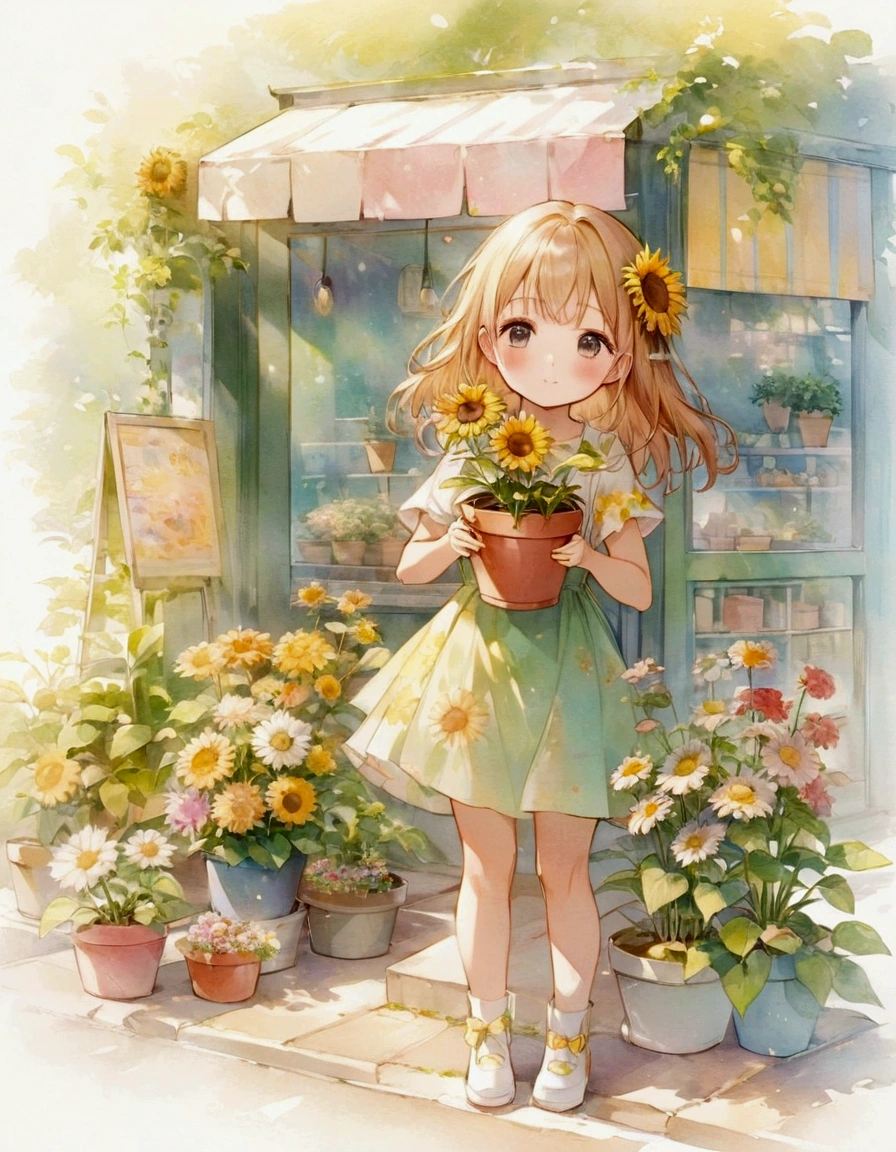 Anime girl holding a potted plant in front of a store, pretty girlのアニメビジュアル, Cute Anime Girl, by Shimo, Cute art style, Beautiful sunflower anime girl, pretty girl, , Cute and detailed digital art, Beautiful anime art, Beautiful anime artwork, by Ai-Mitsu, by Kamaguruka, Cute Anime Girl portraits