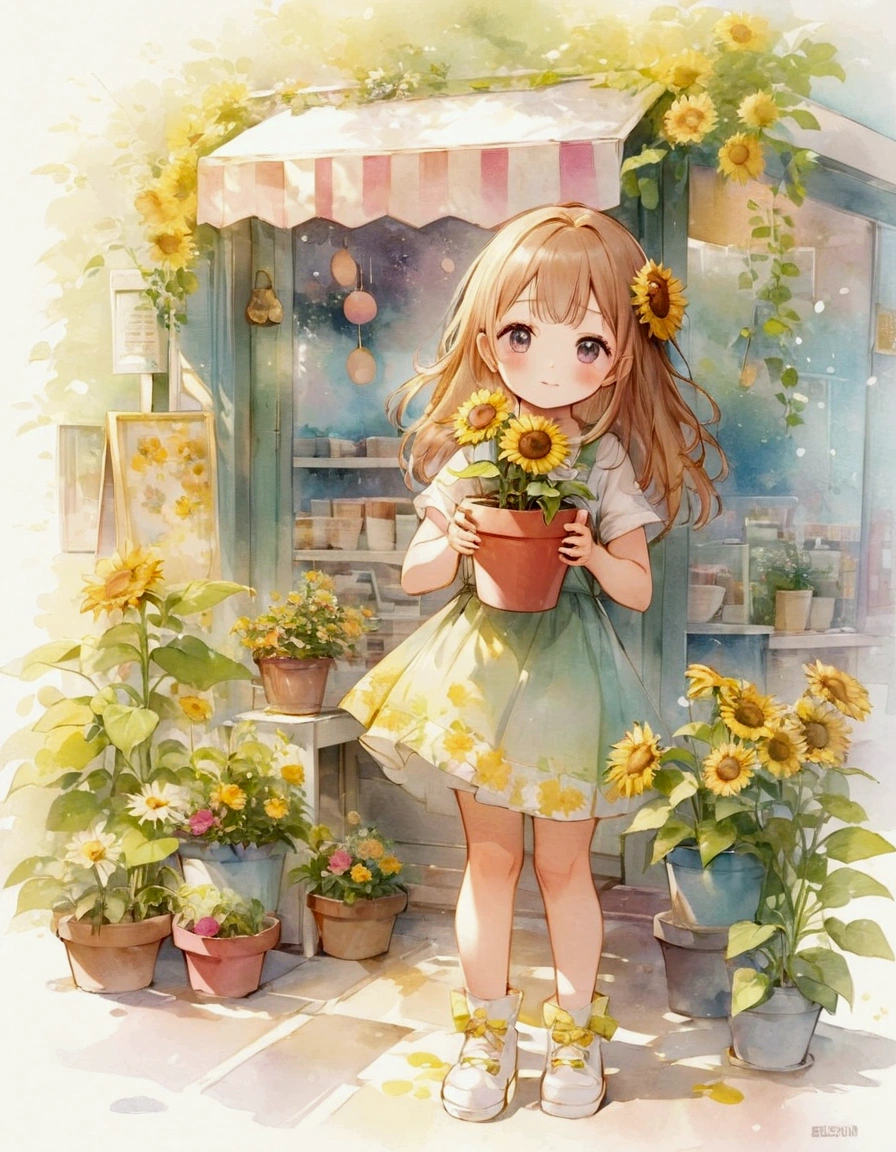 Anime girl holding a potted plant in front of a store, pretty girlのアニメビジュアル, Cute Anime Girl, by Shimo, Cute art style, Beautiful sunflower anime girl, pretty girl, , Cute and detailed digital art, Beautiful anime art, Beautiful anime artwork, by Ai-Mitsu, by Kamaguruka, Cute Anime Girl portraits