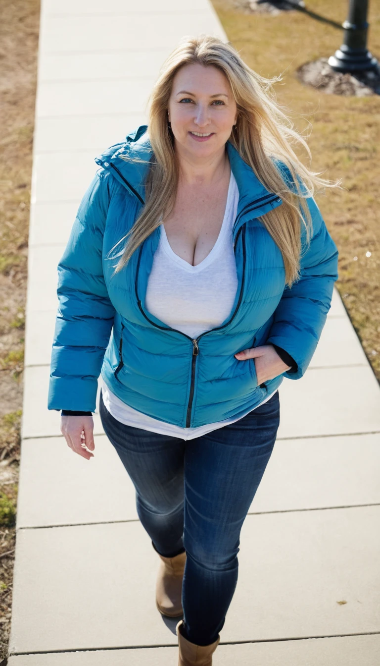 Chubby woman, 40 years old white Caucasian woman walking outside, winter, cold, day time, Mississippi, Gulfport, long straight blonde hair, casually and daily dressed, big hips, thick thighs, casual clothed, natural huge breasts, Full Body Shot, From Above View, High Angle View, taking selfie, no makeup, messy hair, morning face, chubby MILF, t-shirt, no bra underneath, winter jacket