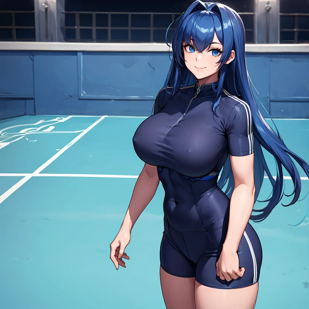 A woman wearing a dark blue sports shirt, with number 10 on the shirt, wearing black sports shorts, big breasts, blue eyes, navy blue hair, long hair, smiling, perfect face, perfect eyes, standing upright, on a sports court, location during the day.,UHD , prime work , accurate , anatomically correct , textured skin , super details , high quality , best quality, 8k, high resolution, bokeh effect. (woman solo), close view
