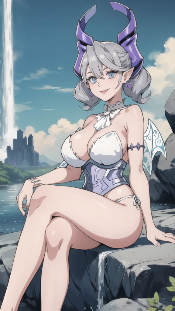 Waterfalls High level image quality best image quality 8K adult woman background a lake in the middle of jungle outside more colors whole body view portrait wearing bikini white horn ears short hair((shortcut)(gray hair)(perm)(fluffy)) eye color is blue , , attractive evil face , smile , sexy pose , labrynth , barearm , both arms up the head , wearing pink , wings , sitting ,