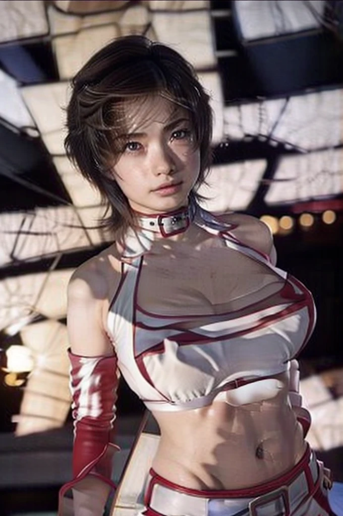 chest, short hair, skirt, Brown Hair, Knee socks, gloves, belly button, chestの谷間, Brown eyes, boots, abdomen, belt, miniskirt, Crop top, Earrings, Race Queen, belly button Earrings, fingerless gloves, Clothing cutouts, chestの谷間 cutout, choker