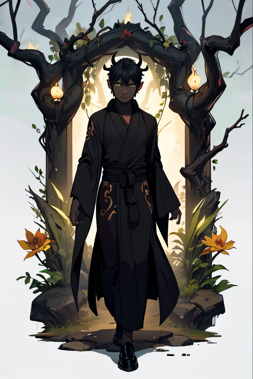 male, green eyes, demon, cute, branch like horns, black skin, skull like head, (((1boy))), (((Black Buddhists robes))), slightly muscular, long legs, cat ears