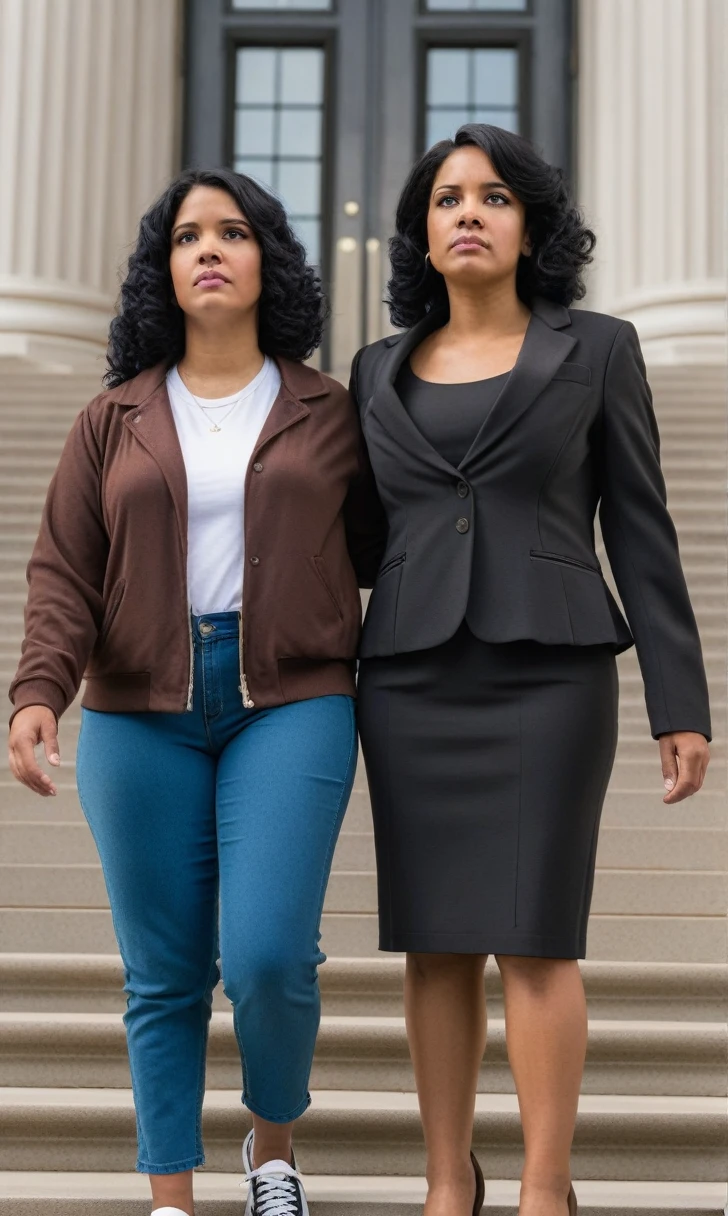 Two women, one with black hair and one with brown standing together on the courthouse steps, looking hopeful and ready for the future.