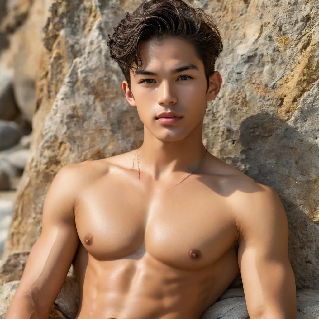 Realistic photography, 19 year old young skinny Mixed Latino and Japanese male supermodel, invisible abs, wearing only very small transparent tiny low-cut thong covering half of his big hard cock, thick bulge, with a slight off-center placement to draw the eye towards him while still incorporating of hot spring background. (Full body photo), Proudly showing off almost naked body, masterpiece, detailed face, detailed eyes, sexy, beautiful abdomen and beautiful smooth legs and a detailed big hard bulge, expression of ecstasy, exciting, detailed eyes and lips, Image quality is of the highest standard, with ultra-detailed features and a realistic appearance, enhancing the overall aesthetic. The lighting is soft and natural, casting a soft glow on the boy, The photograph is taken with a Canon EOS R6 camera using an 85mm f/1.8 lens at an f/2.2 aperture, Employing shadows enhances his features and adds depth to the composition. The careful layering and arrangement of his body parts and surrounding objects ensure a flawless composition. This masterpiece celebrates the beauty of the male form and invites viewers to immerse themselves in a world of sophistication and charm. The seductive lighting and intricate details, combined with a dramatic composition, invite viewers to revel in the essence of a fun-filled day, brimming with joy and relaxation. Attention is meticulously paid to the layers and arrangement of his body parts and surrounding objects, ensuring correct body structure and photo distance, The romantic atmosphere, paired with a lively and extremely gorgeous background, enhances the overall allure of this exquisite image.