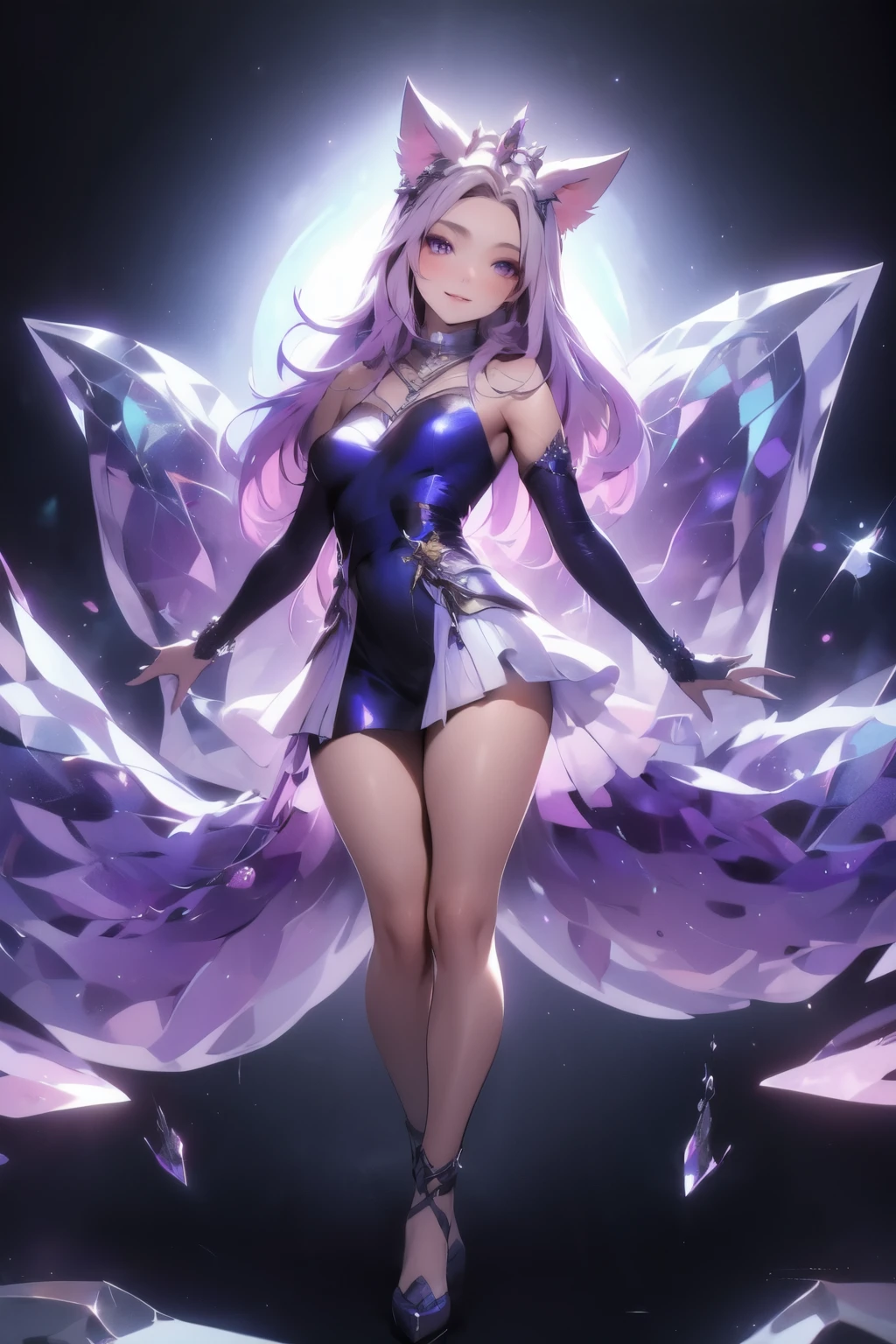 ((best quality)), ((masterpiece)), (detailed), detailed eyes, detailed hands, full-length image, female humanoid kitsune, standing, short length kimono that reaches up to her thighs, crystal crown on top of her head, light purple hair, light purple fox ears, detailed crystal fox tails, 1 crystal star on her forehead, delicate and beautiful detailing, beautiful face, well-proportioned detailed purple eyes, round detailed purple eyes and makeup, beautiful detailed and clear purple eyes, volume smooth and sharp, long flat bangs, fictional art, best photos, best quality, very beautiful and meticulous crystal star on forehead, delicate, mouth closed smile, not fully smiling