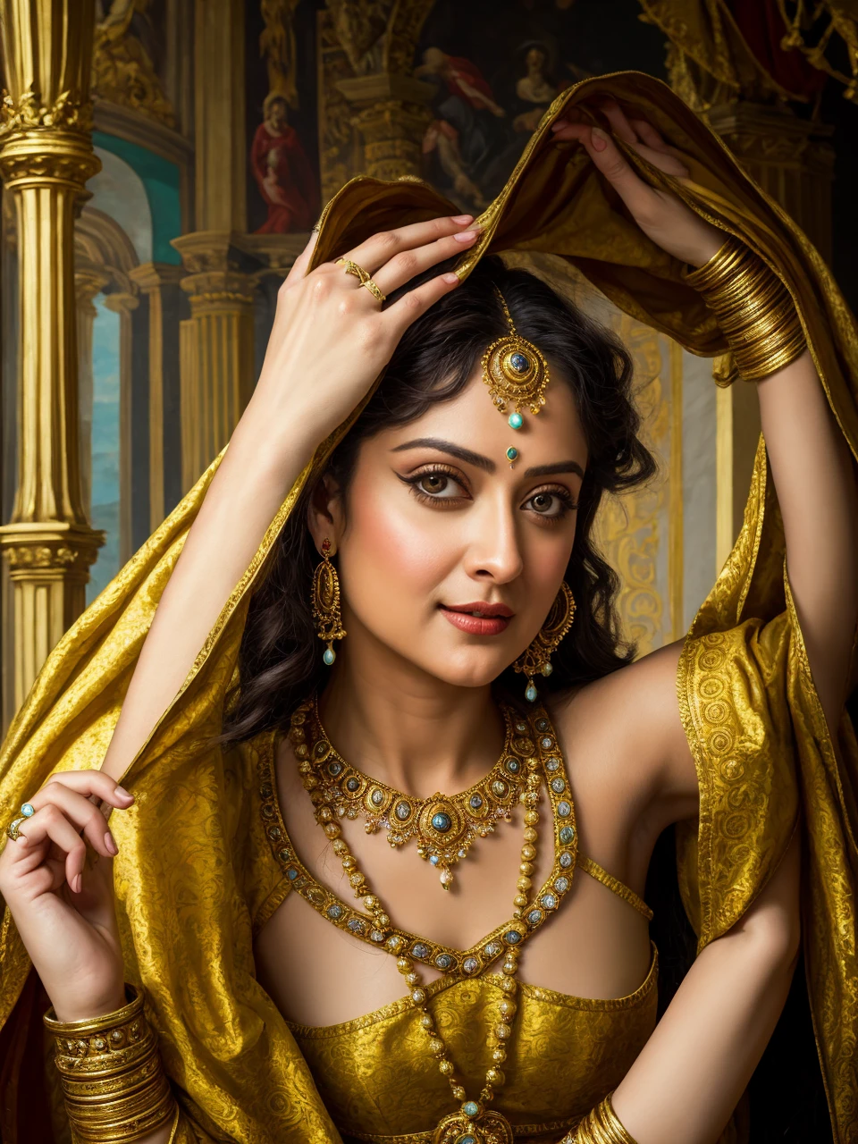 Looks like Anushka Shetty, Masterpiece, Best quality, high clarity eyes, beautifully styled hair, critically flawless,sharp picture, Full portrait, High pixels, perfect face, perfect eyes, beautiful face, perfect hands,perfect fingers, in Peter Paul Rubens style, by Peter Paul Rubens, baroque style, acrylic on canvas, highly detailed, description: "Create a nymph inspired by the tales of Greek or Roman mythology, embodying the essence of a natural element or location, and possessing a unique ability or trait that sets her apart."