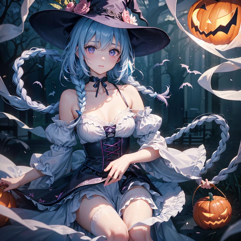 (Light blue medium hair:1.2),(Braided hair:1.2)、Pink eyes、Fair skin、cowboy shot、Halloween、The background is a pumpkin ghost、Crescent Moon、Trick or Treat、A lot of sweets、witch、Halloween night、Candy、many bat、Condescending expression、solo、(masterpiece、Highest quality、Very detailed、Best Shadow)、(Detailed Background)、(Beautifully detailed face)、High contrast、(Best lighting、Very delicate and beautiful)、(Cinematic Light)、colorful、Hyper Detail、Dramatic Light、Exquisite detail、