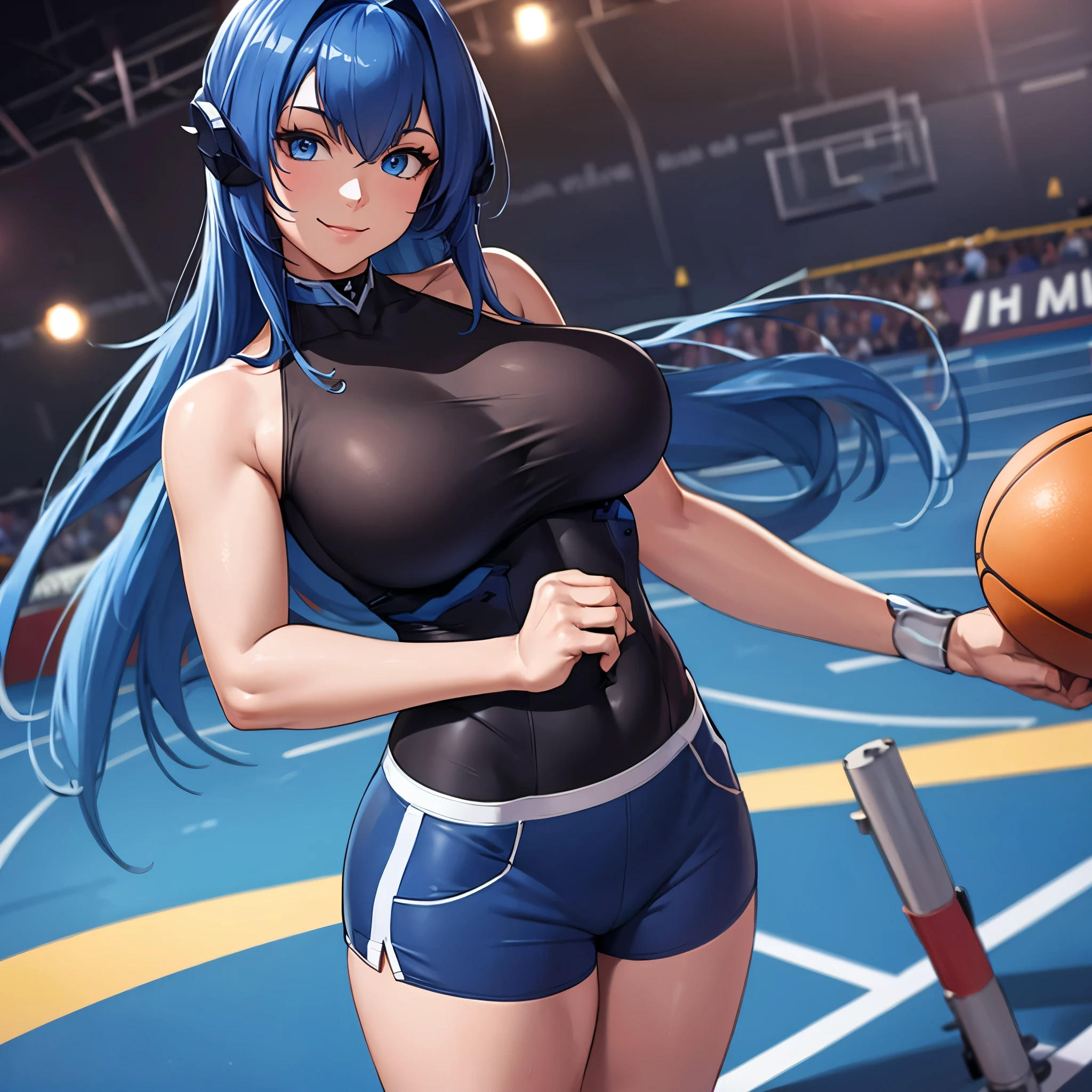 A woman wearing a dark blue sports shirt, with number 10 on the shirt, wearing black sports shorts, big breasts, blue eyes, navy blue hair, long hair, smiling, perfect face, perfect eyes, standing upright, on a sports court, location during the day.,UHD , prime work , accurate , anatomically correct , textured skin , super details , high quality , best quality, 8k, high resolution, bokeh effect. (woman solo), close view
