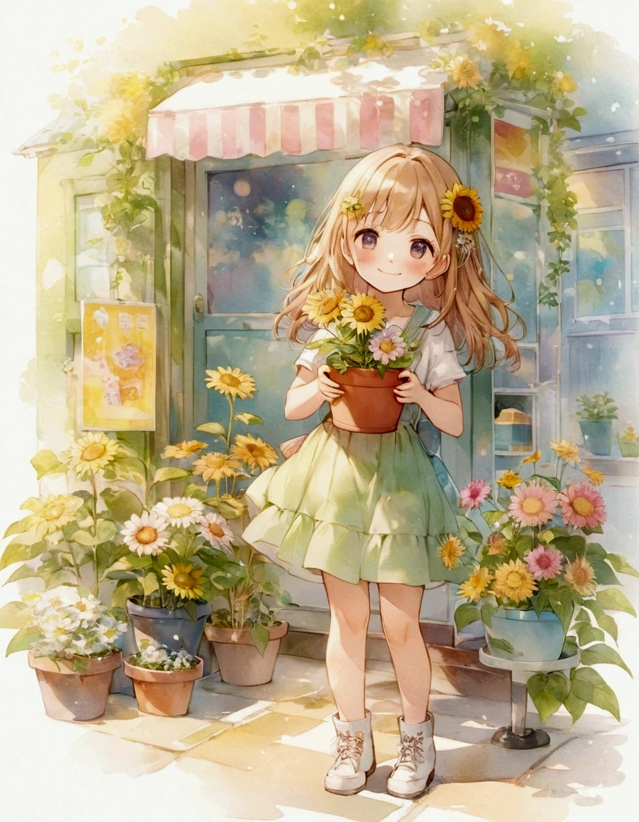 Anime smiling girl holding a potted plant in front of a store, pretty girlのアニメビジュアル, Cute Anime Girl, by Shimo, Cute art style, Beautiful sunflower anime girl, pretty girl, , Cute and detailed digital art, Beautiful anime art, Beautiful anime artwork, by Ai-Mitsu, by Kamaguruka, Cute Anime Girl portraits