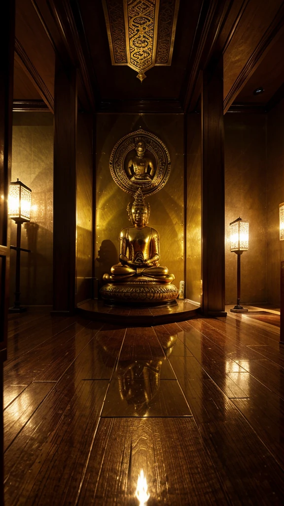 A Buddha image made of bronze is enshrined in the chapel of a Thai temple. There were offerings made of silver and gold. Beautiful Thai art as well as realistic colors and lighting