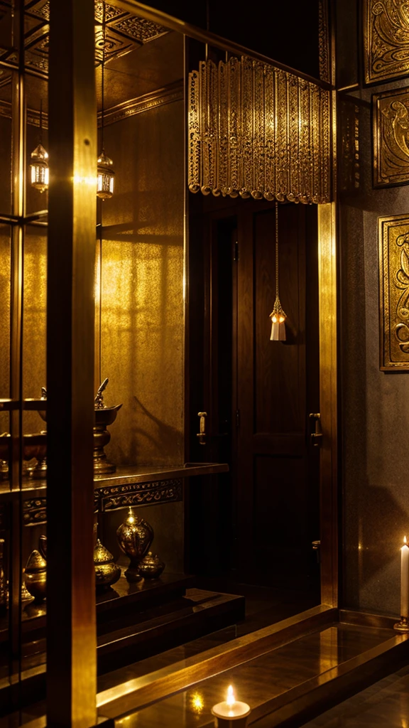 A Buddha image made of bronze is enshrined in the chapel of a Thai temple. There were offerings made of silver and gold. Beautiful Thai art as well as realistic colors and lighting